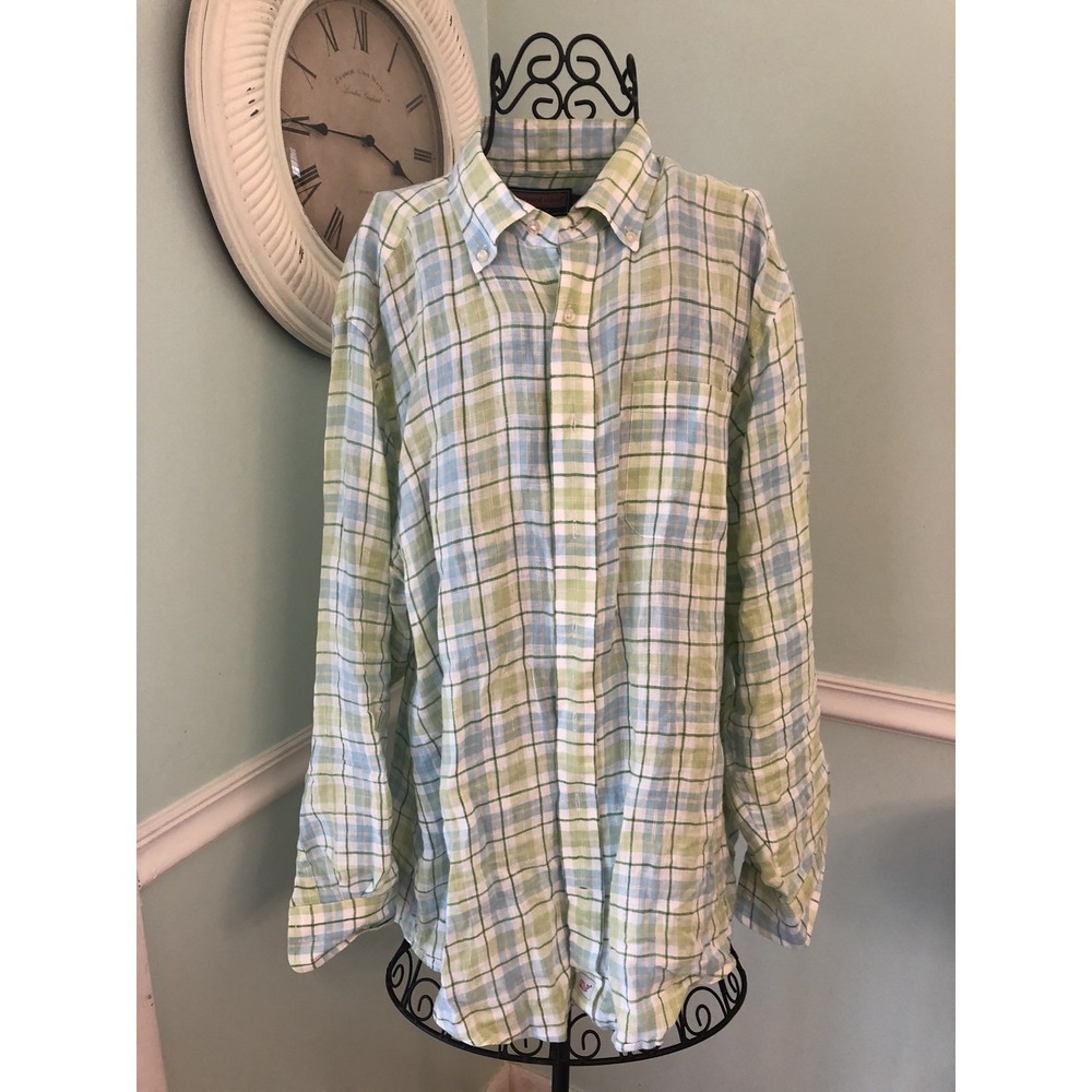 Vineyard Vines Linen Murray Shirt Large L Green Blue Plaid Tartan